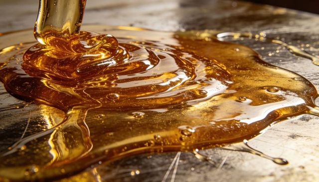 Golden amber syrup pouring and spreading on scratched metal surface macro close-up