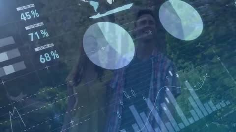 Couple Walking in Park with Business Data Analytics Overlay