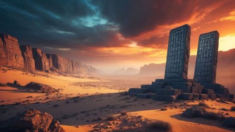 Mysterious stone tablets in desert canyon at sunset, ten commandments concept