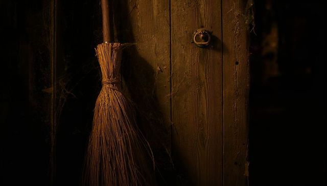 Rustic Straw Broom Against Weathered Wooden Barn Door
