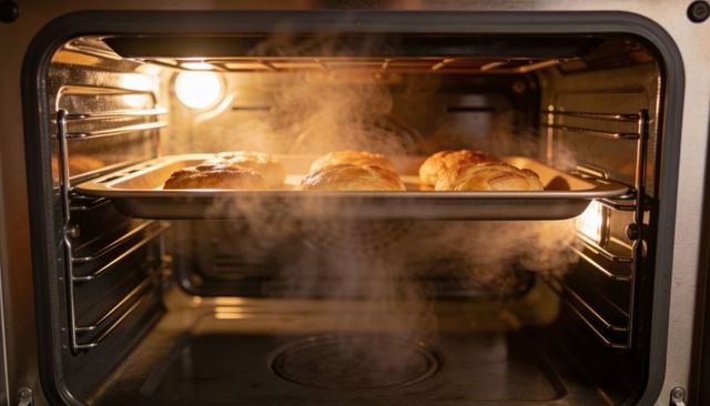 Golden-brown dinner rolls baking on tray in convection oven with warm steam and glow