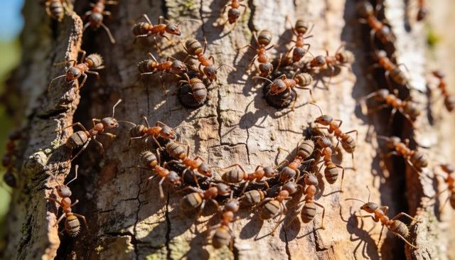 Reddish-brown ants crawling over sunlit cracked tree bark, close-up macro texture