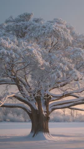 Vertical Winter: Zooming Up Snow-Laden Oak Branches Revealing Frosty Bark at Sunrise