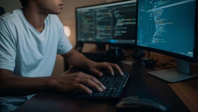 Developer focused on coding at dual monitor setup in modern office