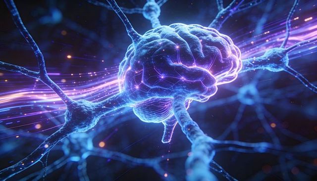 Neon neural brain sending pulses through synaptic network for ai, data and neuroscience