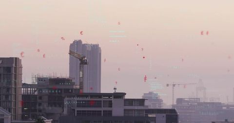Urban skyline sunrise with high-rise construction, pastel haze and augmented reality overlays