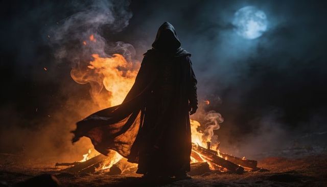 Hooded cloaked figure standing gazing at roaring bonfire under moonlight silhouette