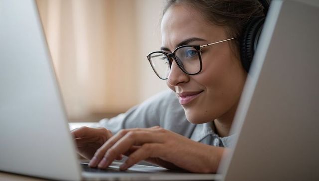 Hispanic Woman Working with Headphones on in Modern Office