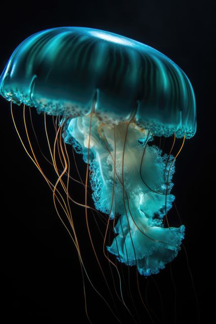 Close up of blue glowing jellyfish underwater, created using generative ai technology. Ocean life, fish and beauty in nature concept digitally generated image.