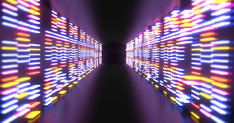 Vibrant neon light pathway with horizontal reflection