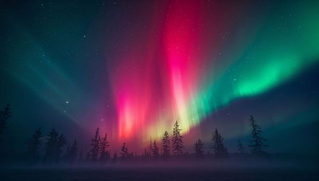 Enchanting aurora borealis illuminates forest night