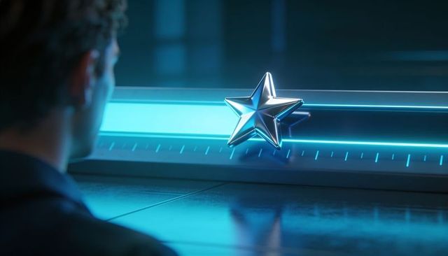 Man observing chrome star on neon track with reflective glow in futuristic cyan lab display