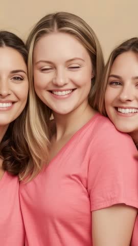 Vertical studio video of three women smiling and posing in matching pink V-neck tops