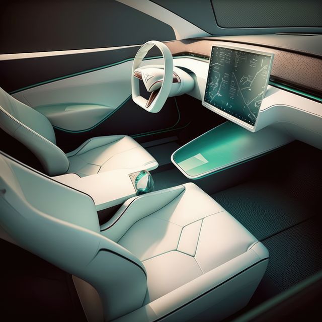 This image depicts the interior of a futuristic electric car, showcasing its advanced digital dashboard and modern design. The luxury vehicle features a touchscreen interface, a sleek steering wheel, and white leather seats that emphasize innovation and comfort. Ideal for use in automotive advertising, technology blogs, and articles on the future of transportation.