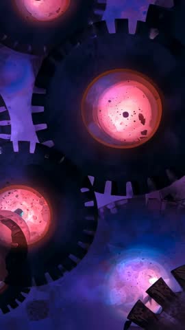 Looping Vertical Animation Featuring Pulsing Gears Rotating Over Purple-Blue Nebula