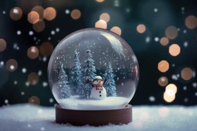Snow globe containing a smiling snowman with pine trees, surrounded by falling snowflakes and bokeh lights in the background. Perfect for holiday greetings, Christmas decorations, and winter-themed visuals. Ideal for use in promotional materials, holiday cards, and festive social media posts.