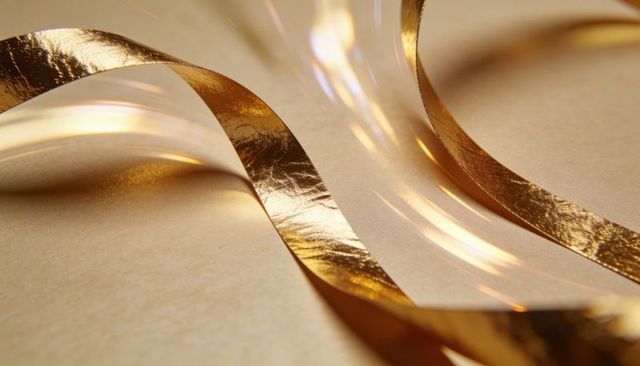 Golden foil ribbons curling over beige paper, shimmering glossy reflective texture