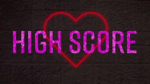 Pink High Score Text with Neon Heart on Brick Background