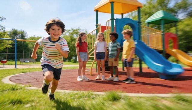 Running boy leading diverse kids at colorful playground with slides on sunny day