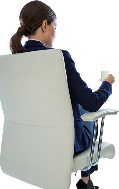 Transparent Background Rear View Businesswoman Holding Water Glass on Office Chair - Download Free Stock Videos Pikwizard.com