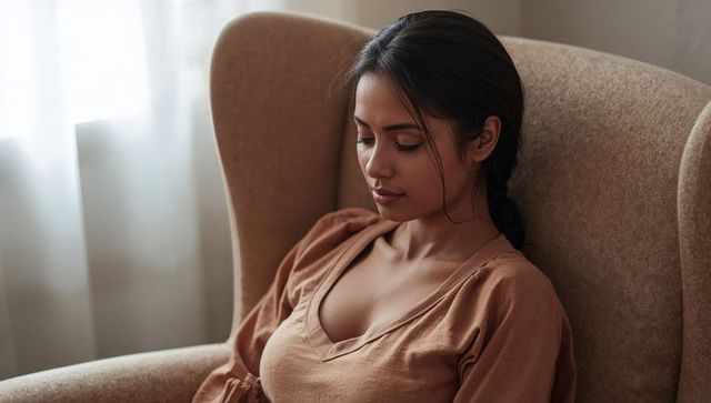 Asian woman relaxing in wingback armchair with soft daylight and minimalist neutral tones