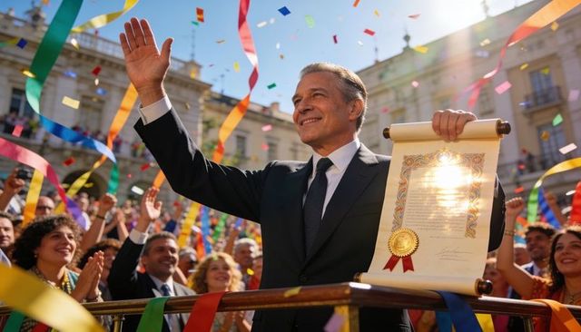 Senior leader holding proclamation during victory celebration with confetti and crowd