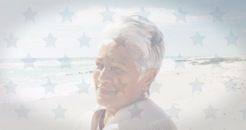Patriotic Senior Woman Enjoying Sunny Beachside