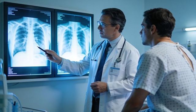 Experienced doctor explaining chest x-rays to patient in hospital gown during consultation
