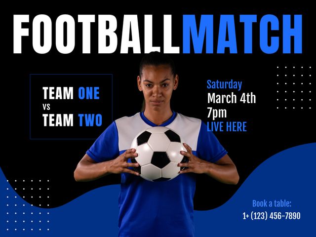 Illustration features advertisement of a football match highlighting an African American female player holding a football against a black background. Great for promoting sports events, football tournaments, and live match screenings. Useful for sports cafes, community events, and online sports promotions.