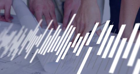 Hands collaborating over architectural blueprints with abstract white data overlay waveform