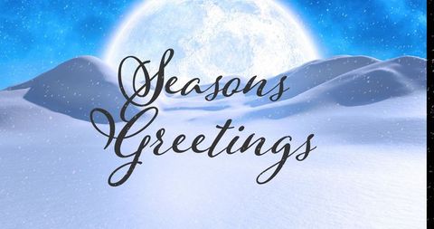 Seasons greetings calligraphy glowing over moonlit snowdrifts with falling snow