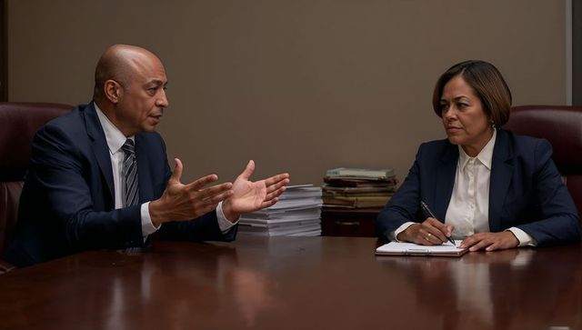Corporate leaders negotiating strategy at boardroom table with paperwork and notebook