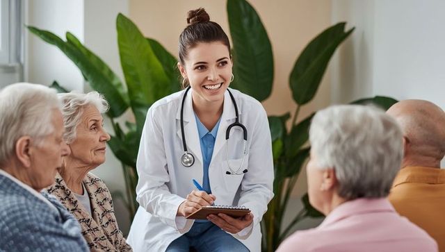 Doctor consulting senior patients in clinic for wellness