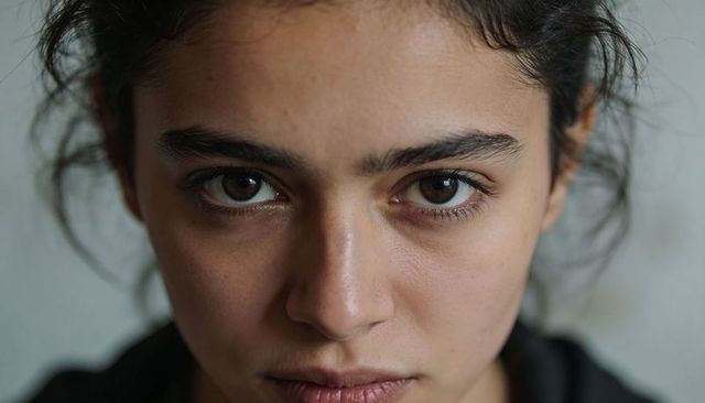 Gazing directly into camera closeup female portrait with intense gaze natural skin texture