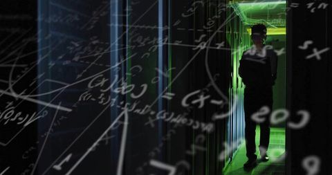 Engineer walking through futuristic server room with mathematical overlay