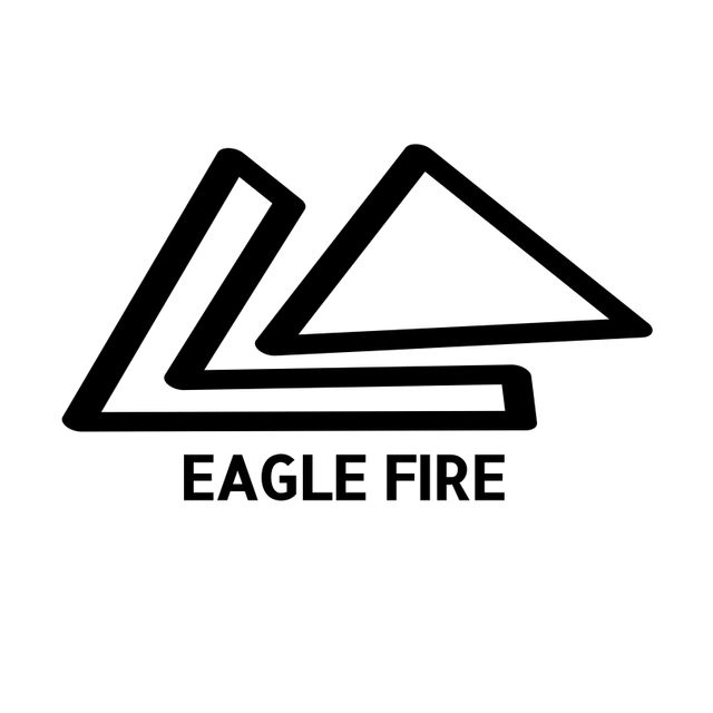 This minimalist geometric logo features black chevron and triangle outlines with text 'Eagle Fire'. Ideal for modern business branding, it can be used for logos, business cards, marketing materials, websites and promotional items. Its clean lines and monochromatic look evoke a professional and contemporary brand identity.