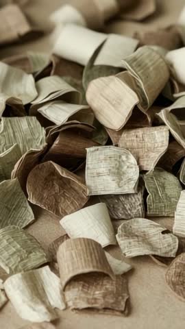Vertical macro video revealing dried husk fragments on beige tabletop, textured organic