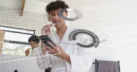 Man brushing teeth while checking smartphone in smart bathroom with augmented reality hud