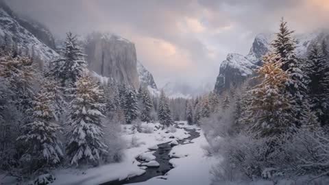 Flowing winter river reflecting sunrise over snow-covered alpine pines and granite cliffs