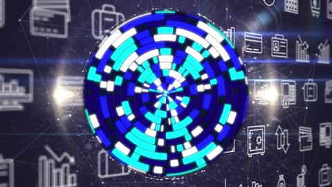 Digital Circle Animation with Blue Highlights and Financial Icons