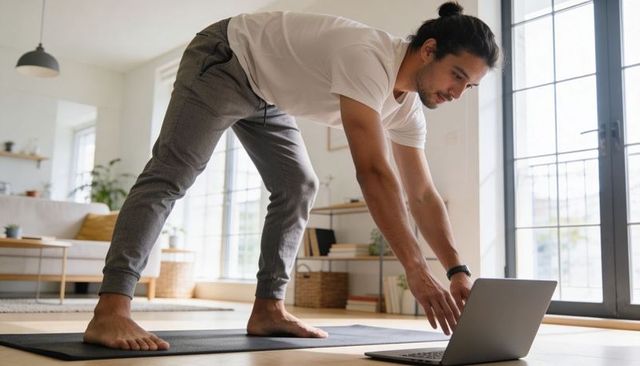 Young man stretching during morning home yoga with laptop and wristwatch