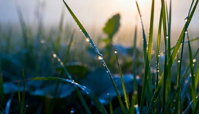 Morning dew sparkling on grass blades catching warm sunrise light in misty meadow
