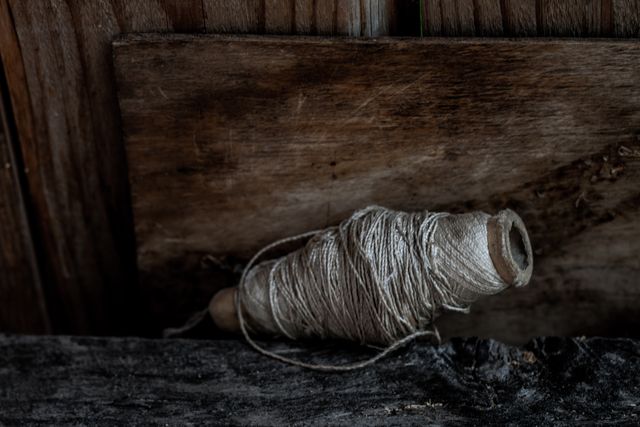 This close-up image showcases a weathered spool of thread resting on a wooden surface with a rustic and vintage feel. The textures of the thread and wood emphasize the aged, rough quality of the scene, making it ideal for projects related to crafting, DIY, vintage décor, or rustic themes. It can be used in websites, social media posts, or marketing materials for workshops, antique shops, or sewing and crafting tutorials.