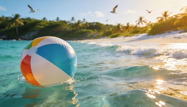 Colorful beach ball floating in turquoise tropical water, palm trees and sunlit shoreline