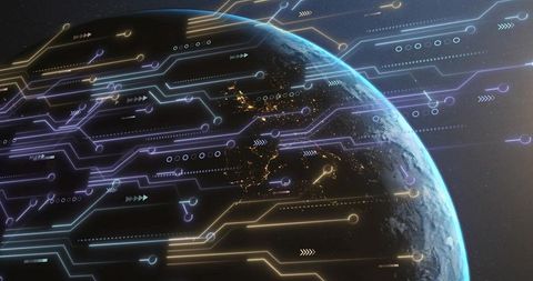 Global digital circuit network over earth night lights futuristic data holographic links