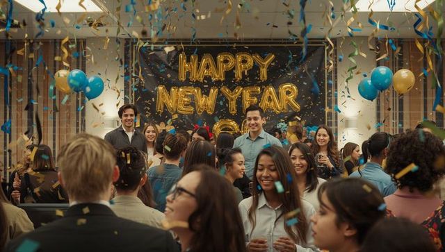 Corporate team celebrating new year with confetti and balloons