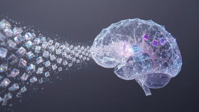 Wireframe brain receiving digital cube stream holographic neural data transfer
