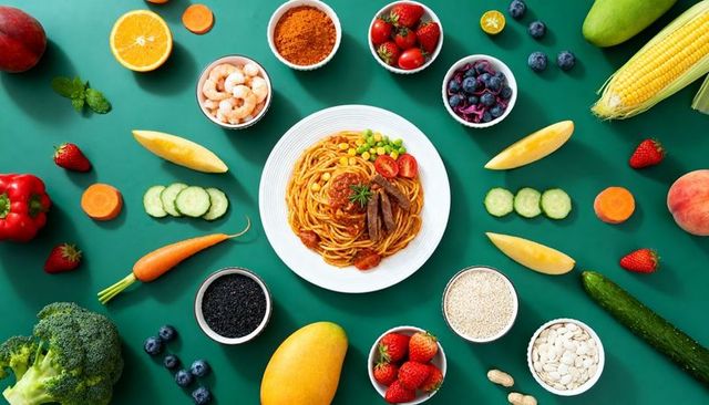 Vibrant flatlay spaghetti with shrimp and beef, surrounded by fresh colorful produce