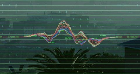 Neon Multicolored Data Waveform Overlaying Hazy Coastal City Skyline with Green Grid