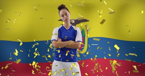 Confident Female Soccer Player with Colombian Flag and Gold Confetti